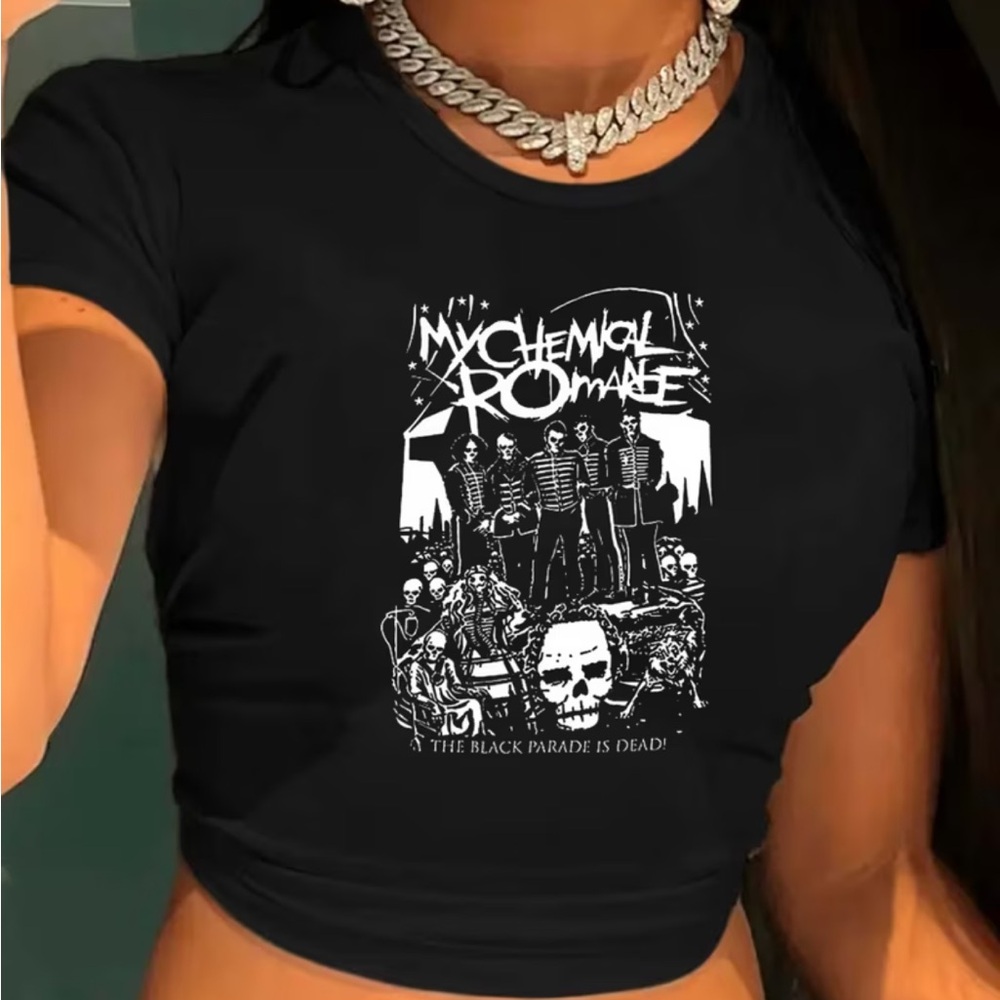 Black Graphic Tee with Band Print